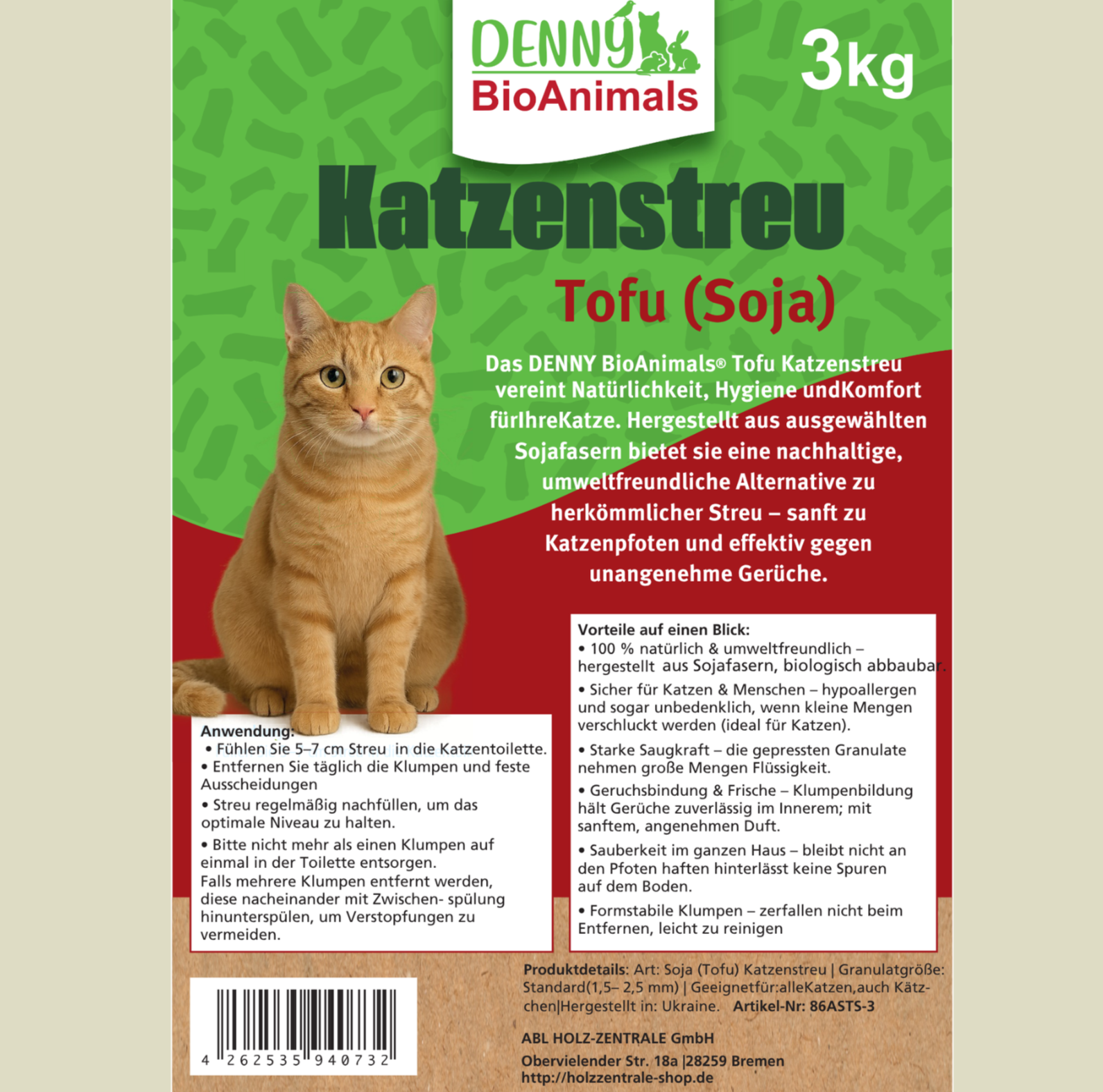 Denny BioAnimals® SET Katzenstreu 18 kg  (9 kg Tofu  + 9 kg Mais)  (1 Tutte 3 kg Mais kostenlos)  – natürlich & biologisch abbaubar – saugstark, klumpend, staubfrei & geruchsneutral – nachhaltige Katzenstreu aus Pflanzenfasern.
