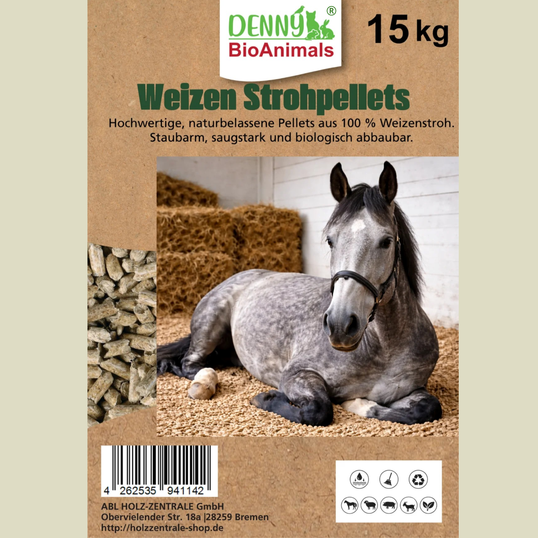 Weizenstreupellets 8 mm. 1 Palette 945 kg, 63 Säcke je 15 kg– 100 % Naturprodukt aus Weizenstroh – staubarm, saugstark & kompostierbar – Einstreu für Pferde, Kleintiere & Stall