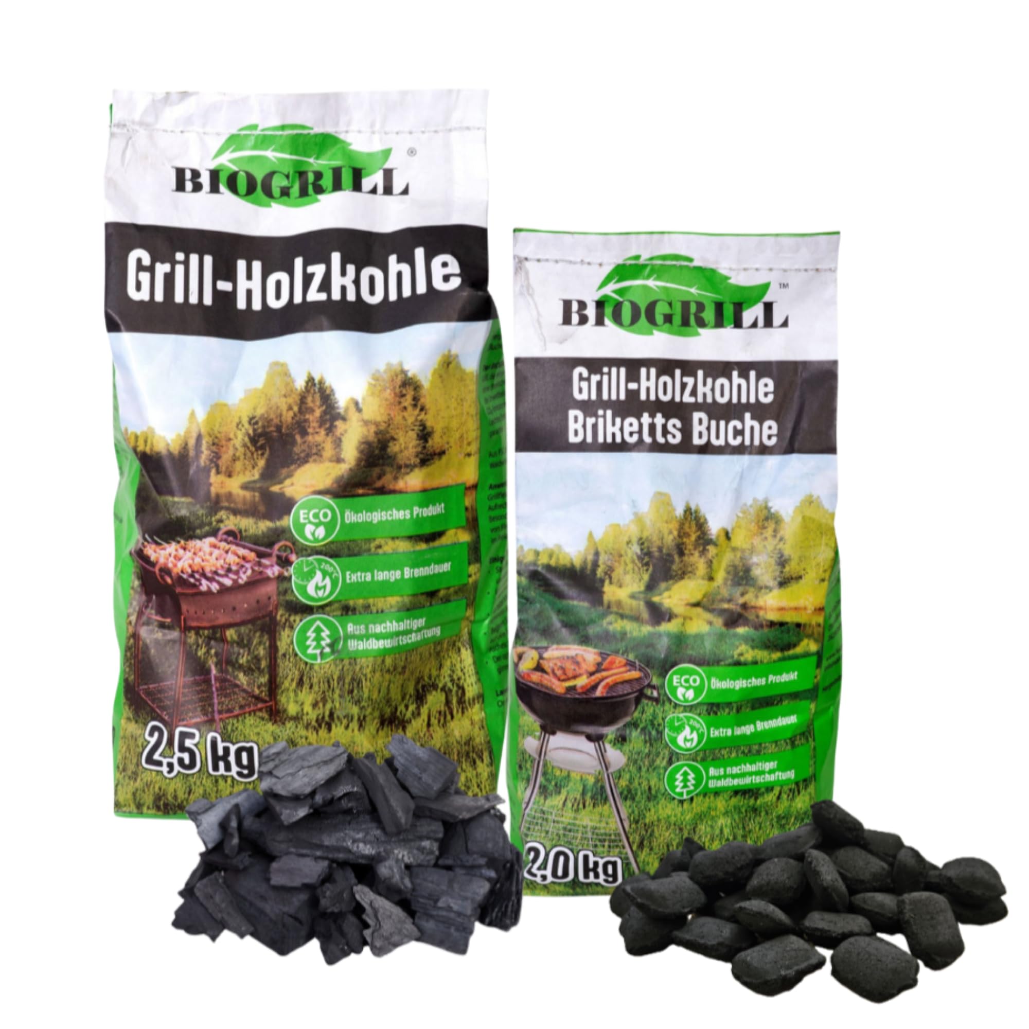 Set Grillkohle – 2,5 kg Holzgrillkohle + 2 kg Buchen-Holzkohlebriketts – Premium Naturkohle für Grill & BBQ – Lange Glut, schnelles Anzünden, hohe Hitze – Ideal für Holzkohlegrill & Smoker