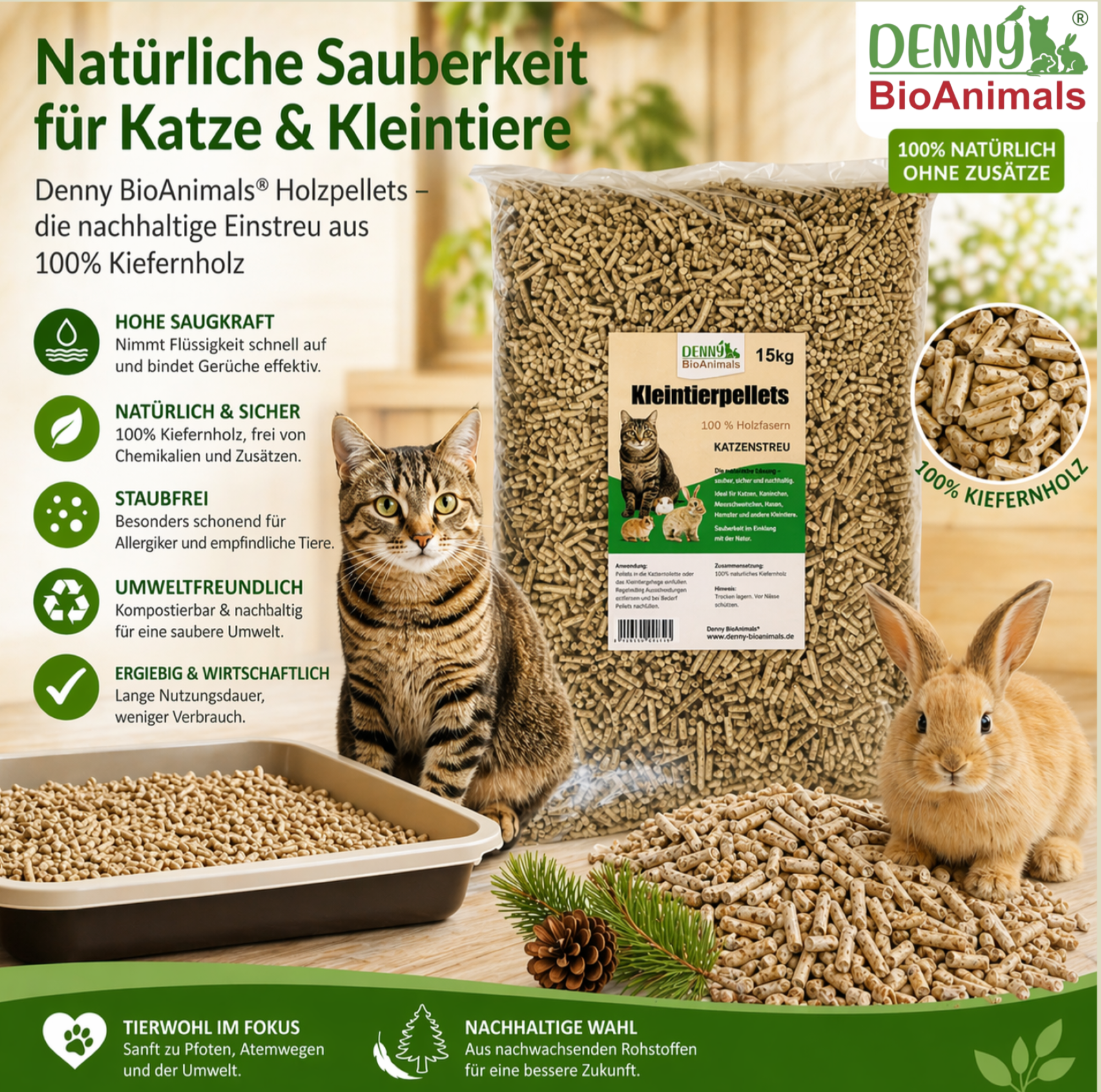 Denny BioAnimals® Kleintierstreu, Katzenstreu Holzpellets 15 kg (23 L) – 100% natürliche Einstreu für Katzen, Kaninchen, Hamster & Meerschweinchen – Staubfrei, Saugstark, Geruchsbindend, Öko Kiefernholz