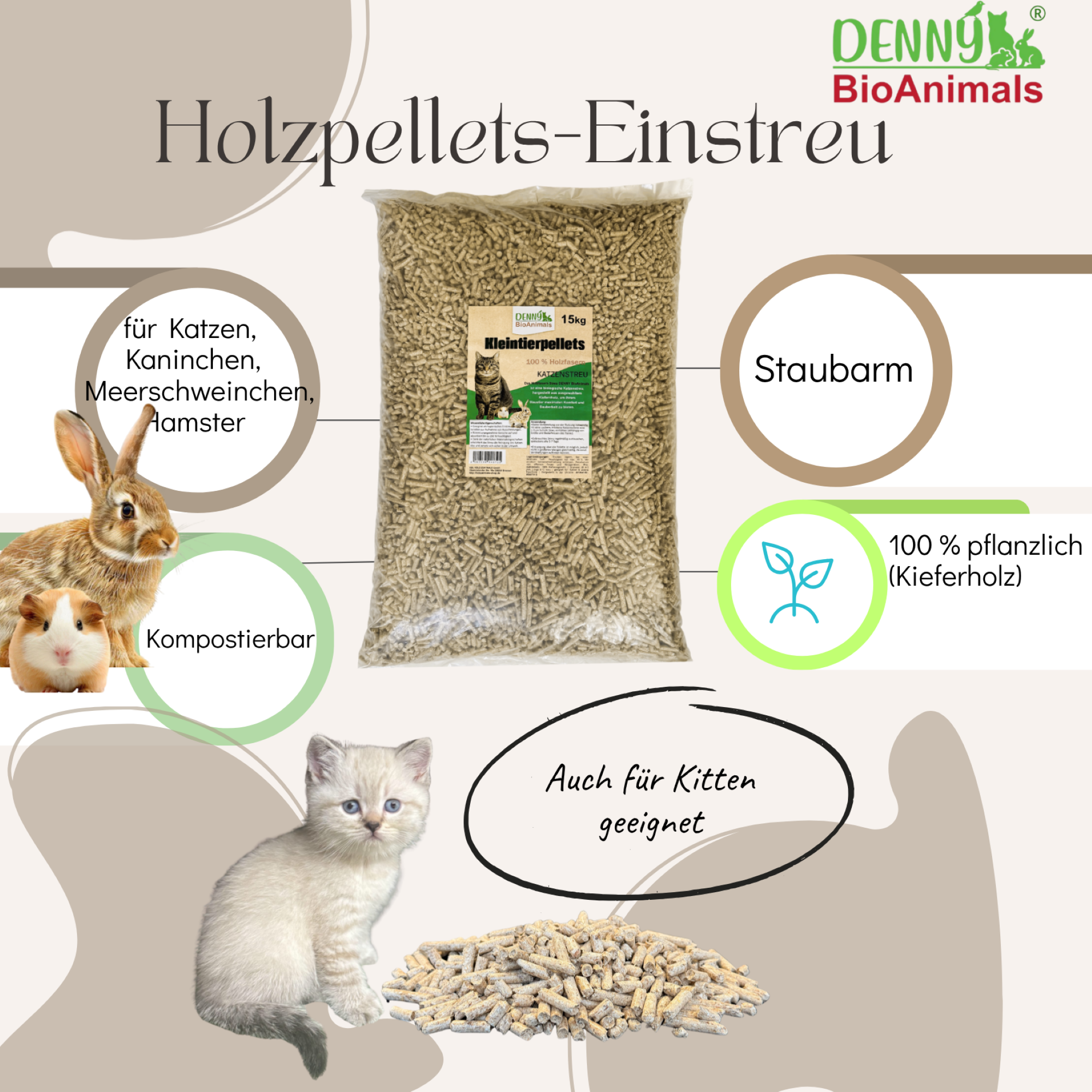 Denny BioAnimals® Kleintierstreu, Katzenstreu Holzpellets 15 kg (23 L) – 100% natürliche Einstreu für Katzen, Kaninchen, Hamster & Meerschweinchen – Staubfrei, Saugstark, Geruchsbindend, Öko Kiefernholz