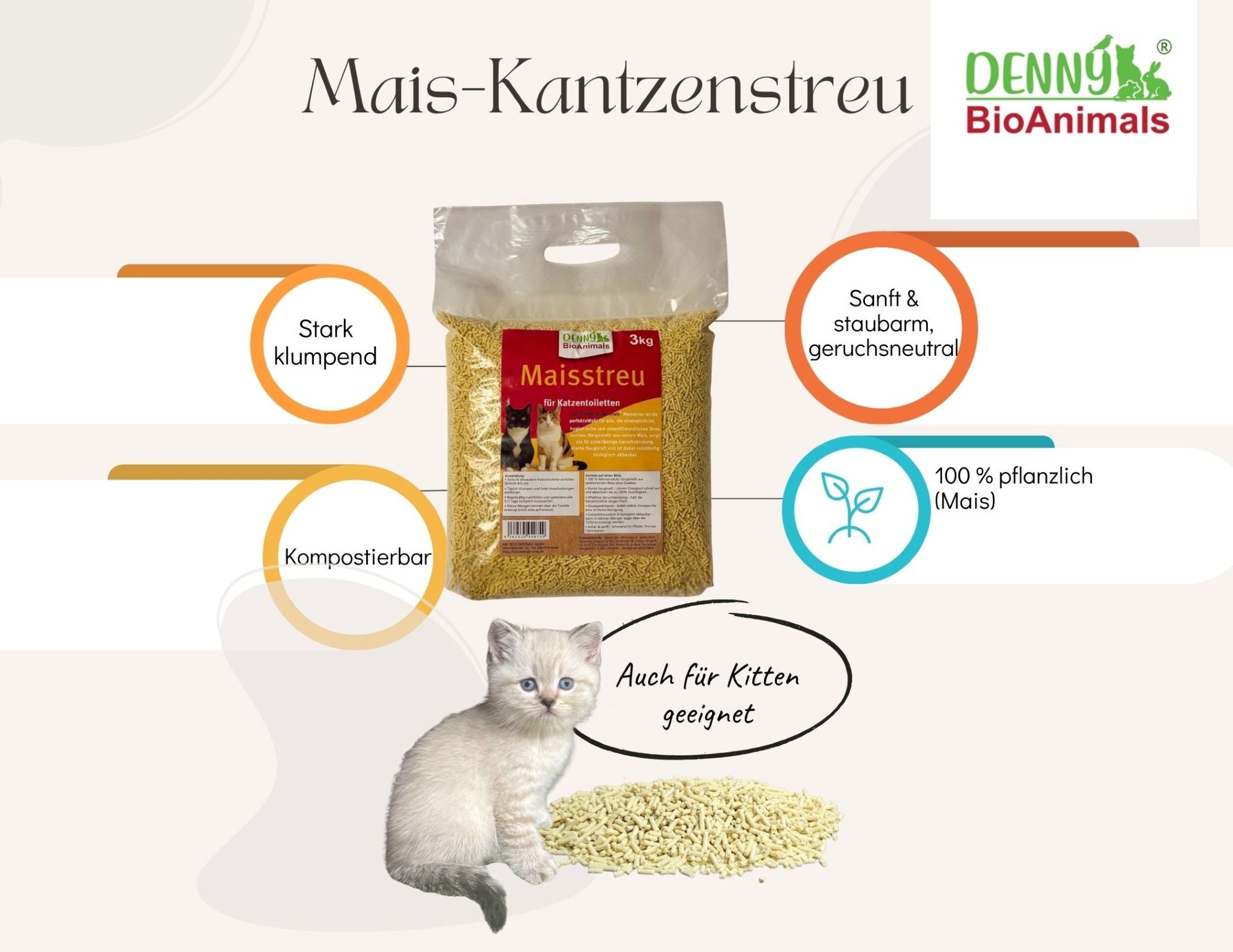 Denny BioAnimals® Maisstreu Katzenstreu 30 kg/ 80 L– 100 % natürlich & biologisch abbaubar – klumpend, staubfrei & geruchsneutral – nachhaltiges Katzenstreu aus Maisfasern.