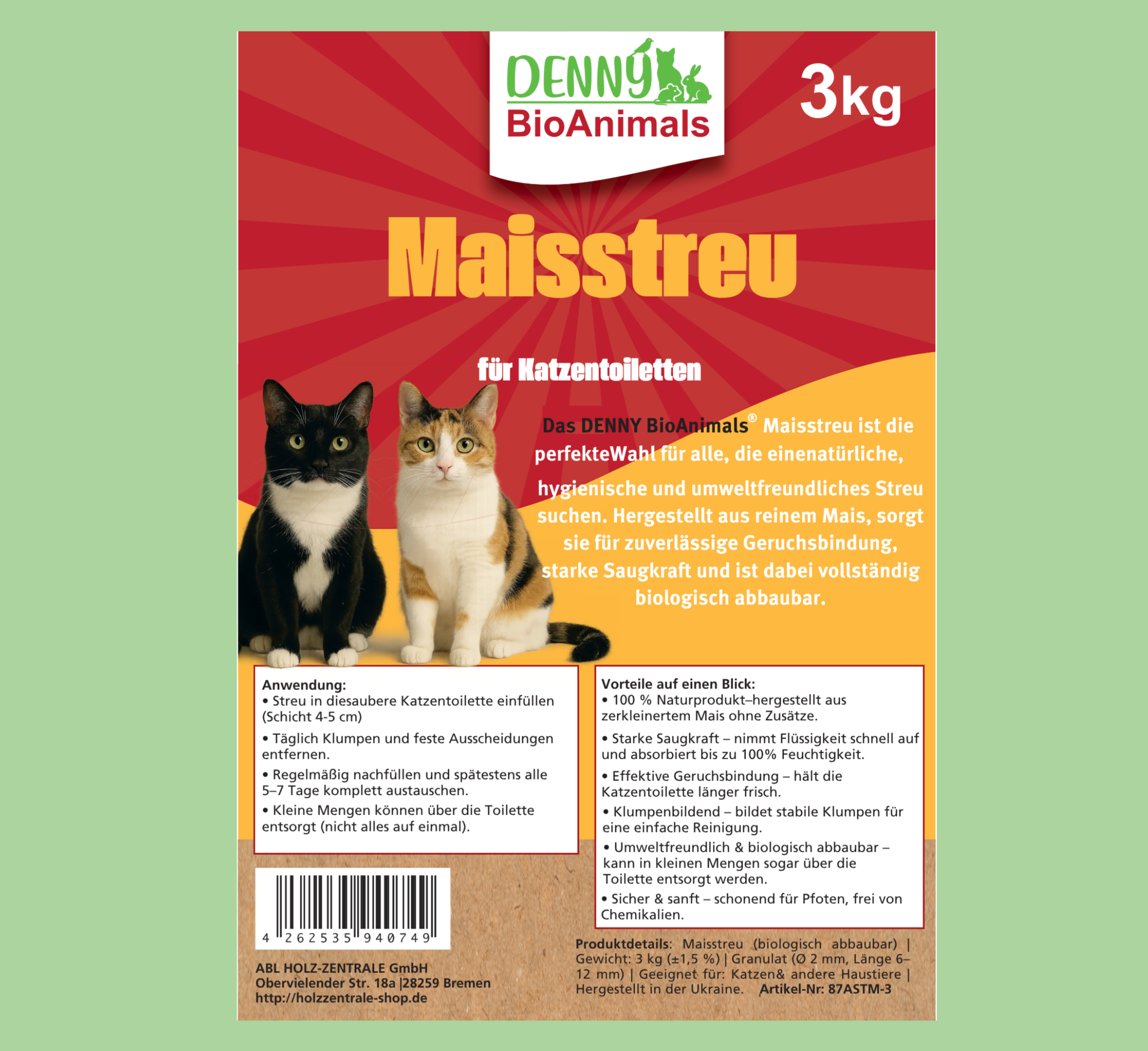 Denny BioAnimals® Maisstreu Katzenstreu 30 kg/ 80 L– 100 % natürlich & biologisch abbaubar – klumpend, staubfrei & geruchsneutral – nachhaltiges Katzenstreu aus Maisfasern.