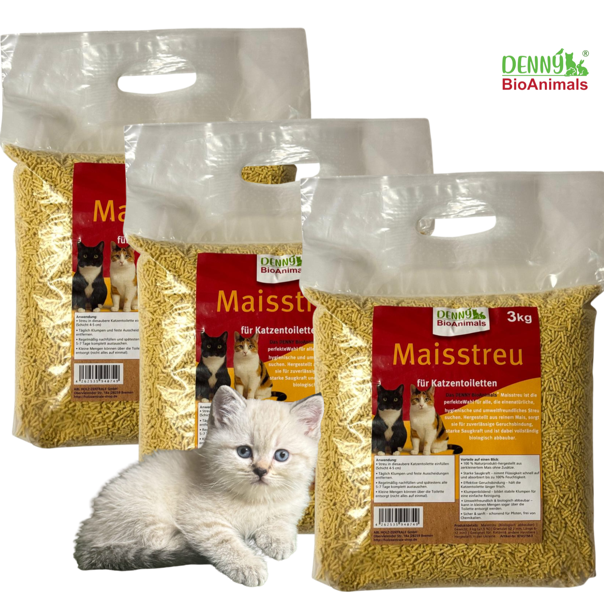 Denny BioAnimals® Maisstreu Katzenstreu 9 kg (3x3 kg) – 100 % natürlich & biologisch abbaubar – klumpend, staubfrei & geruchsneutral – nachhaltige Katzenstreu aus Maisfasern.