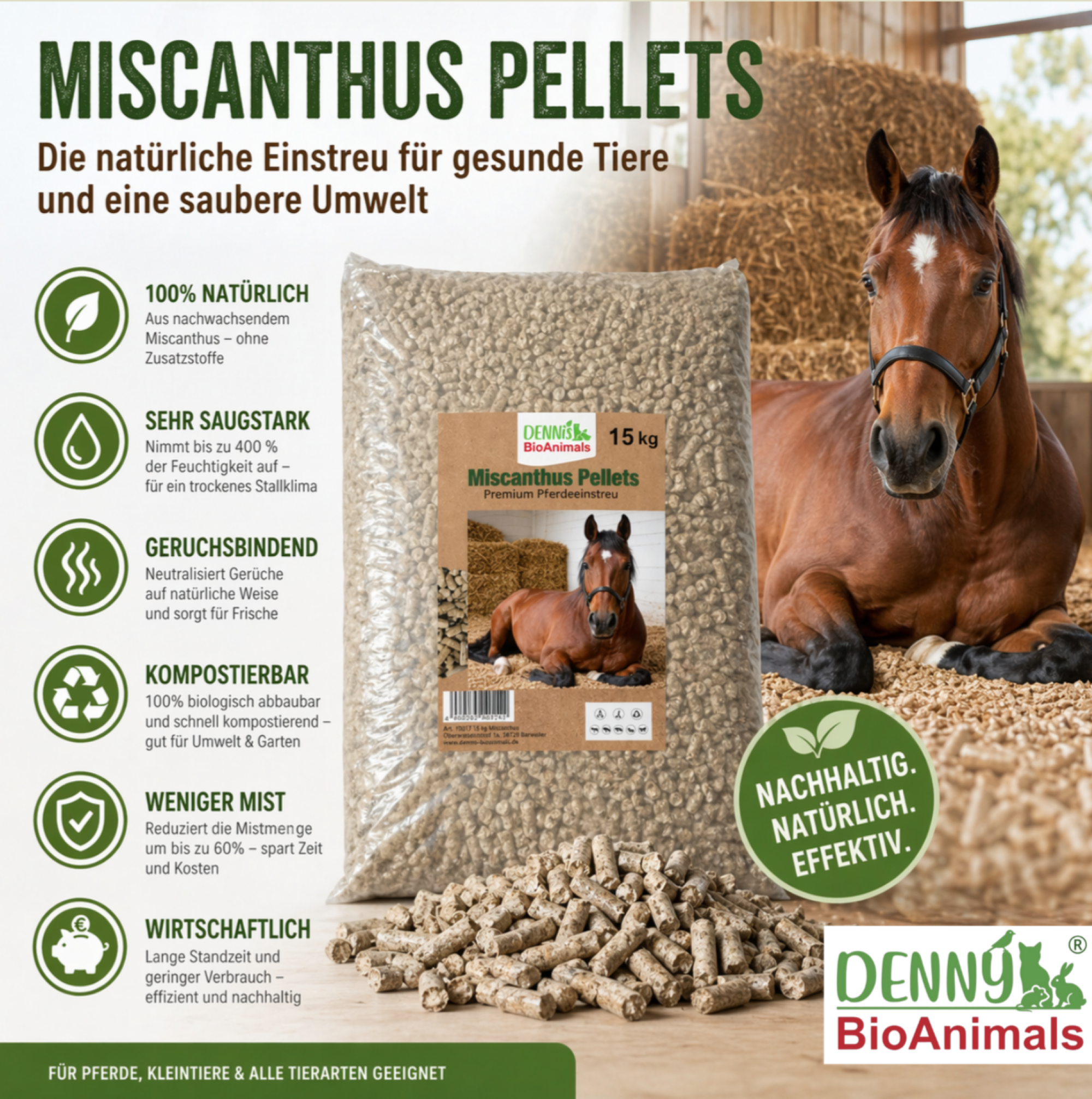 Miscanthus Pellets Einstreu 8 mm – 15 kg Sack | 100% Naturprodukt | Staubarme Pferde- & Tierstreu | Hohe Saugkraft & Geruchsbindung | Umweltfreundliche Alternative zu Sägespänen