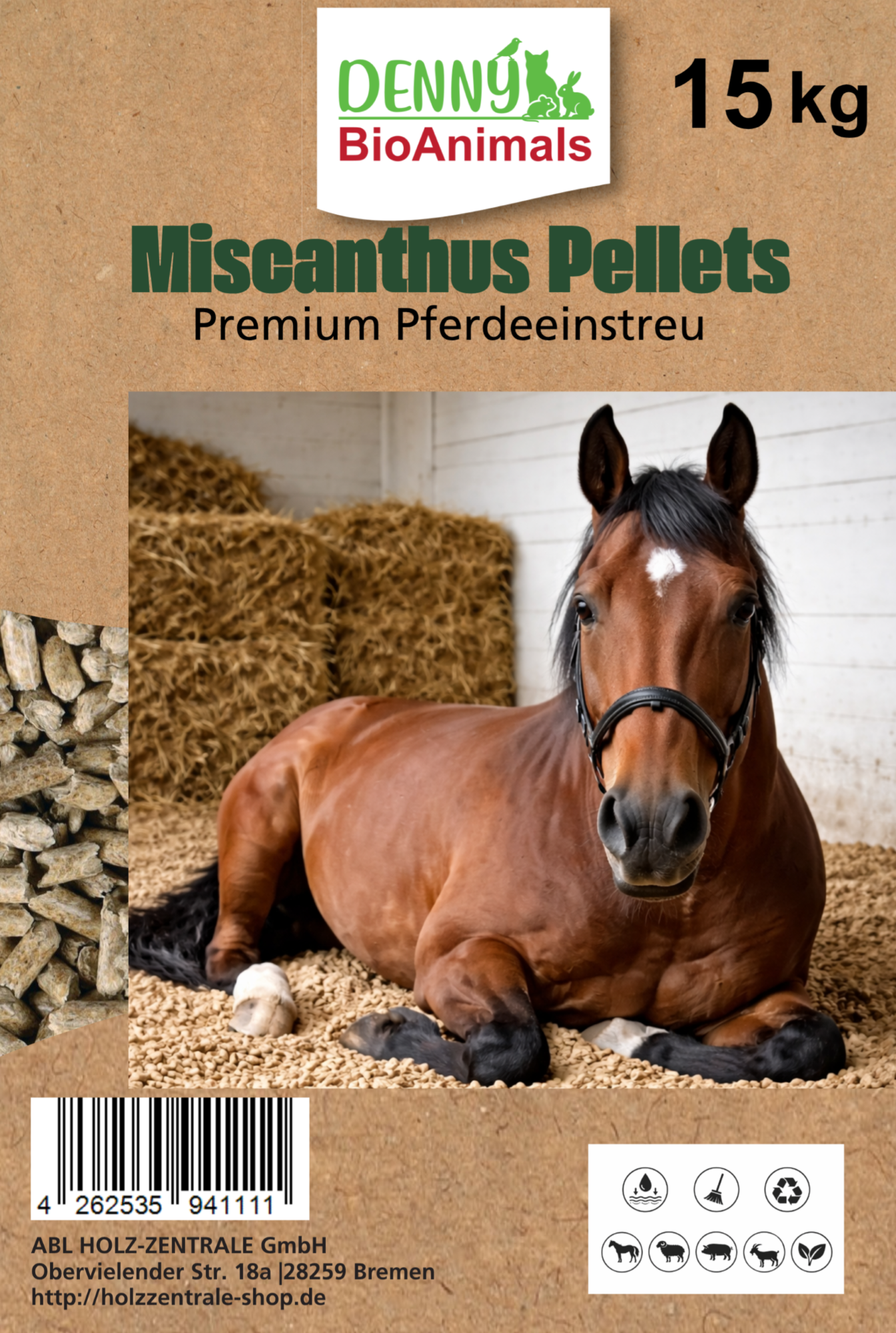 Miscanthus Pellets Einstreu 8 mm – 30 kg (15+15 kg Sack) | 100% Naturprodukt | Staubarme Pferde- & Tierstreu | Hohe Saugkraft & Geruchsbindung | Umweltfreundliche Alternative zu Sägespänen