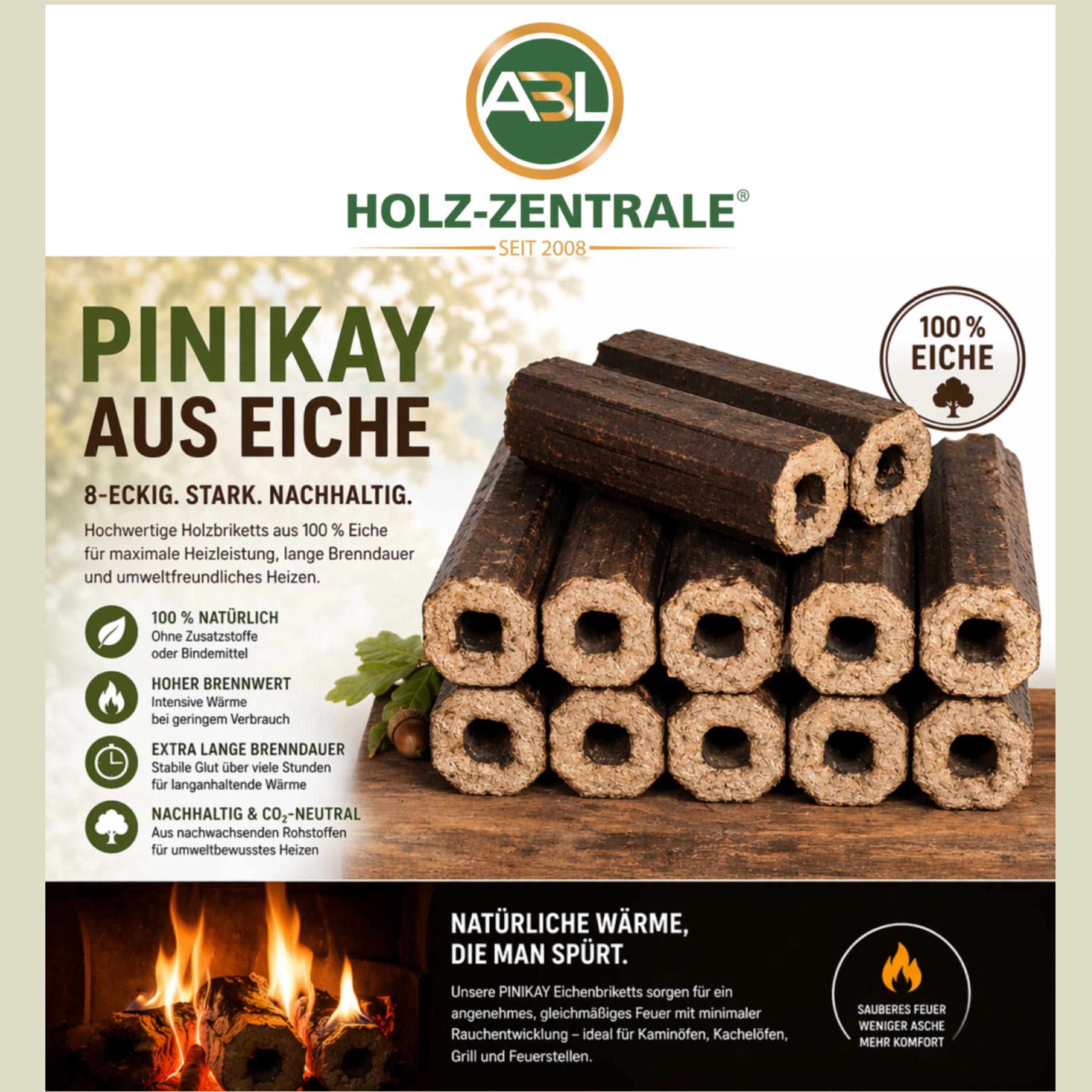 PiniKay oak wood briquettes, octagonal shape, 10 kg pack