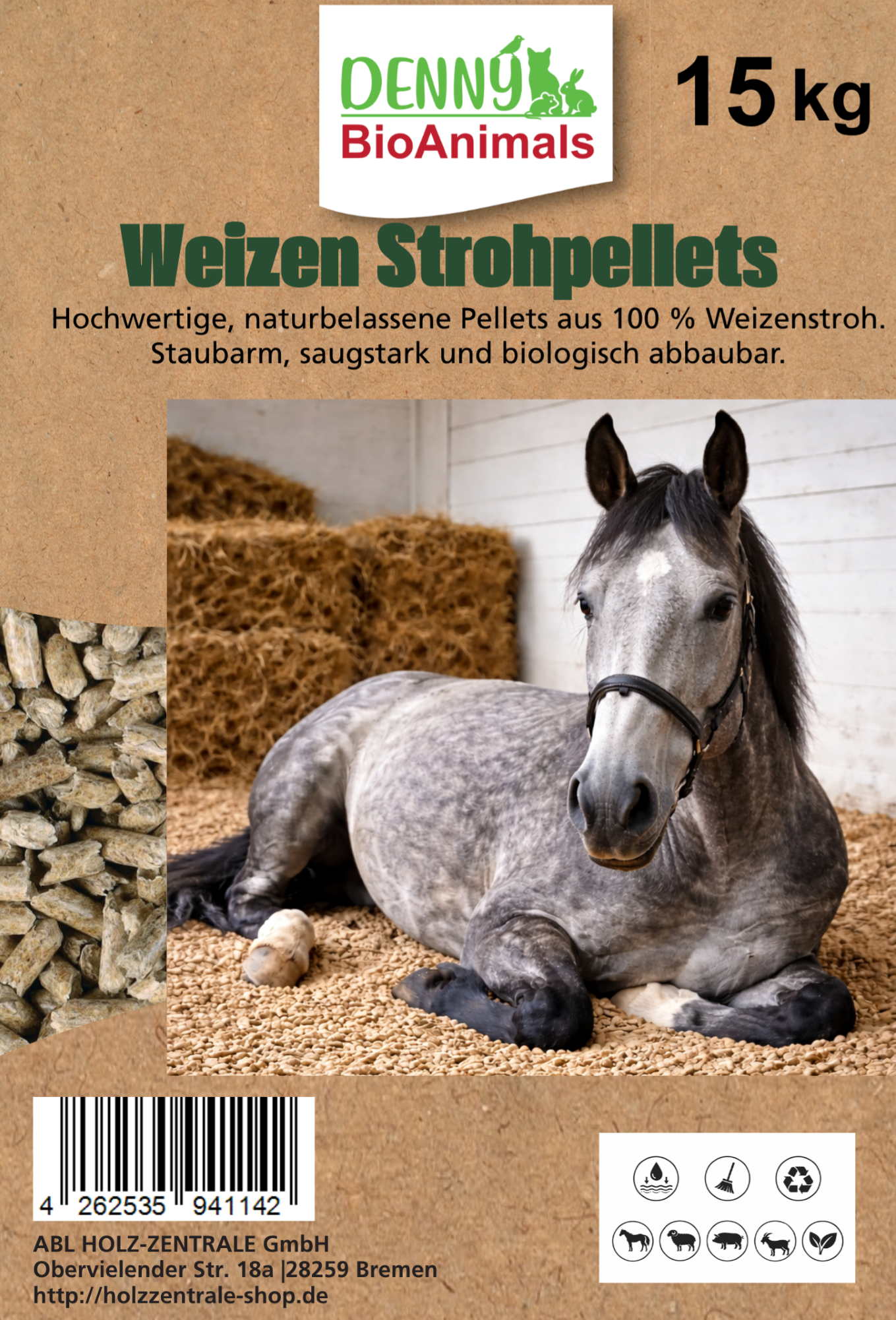 Weizenstreupellets 8 mm 30 kg (15+15 kg Sack) – 100 % Naturprodukt aus Weizenstroh – staubarm, saugstark & kompostierbar – Einstreu für Pferde, Kleintiere & Stall