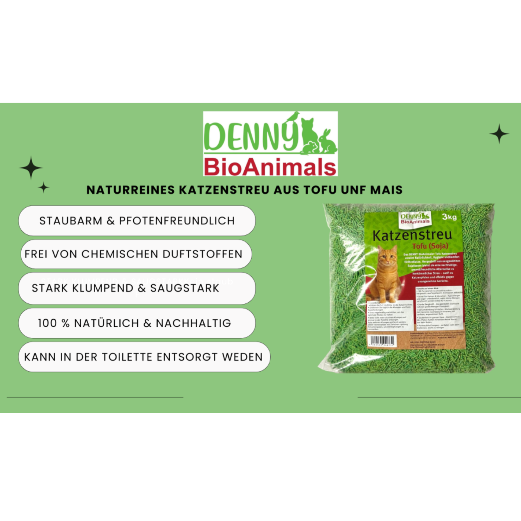 Tofu (Soja) Katzenstreu 9 kg (3 Säcke je 3 kg), 24 L – natürlich & biologisch abbaubar – saugstark, klumpend, staubfrei & geruchsneutral – nachhaltige Katzenstreu aus Pflanzenfasern.