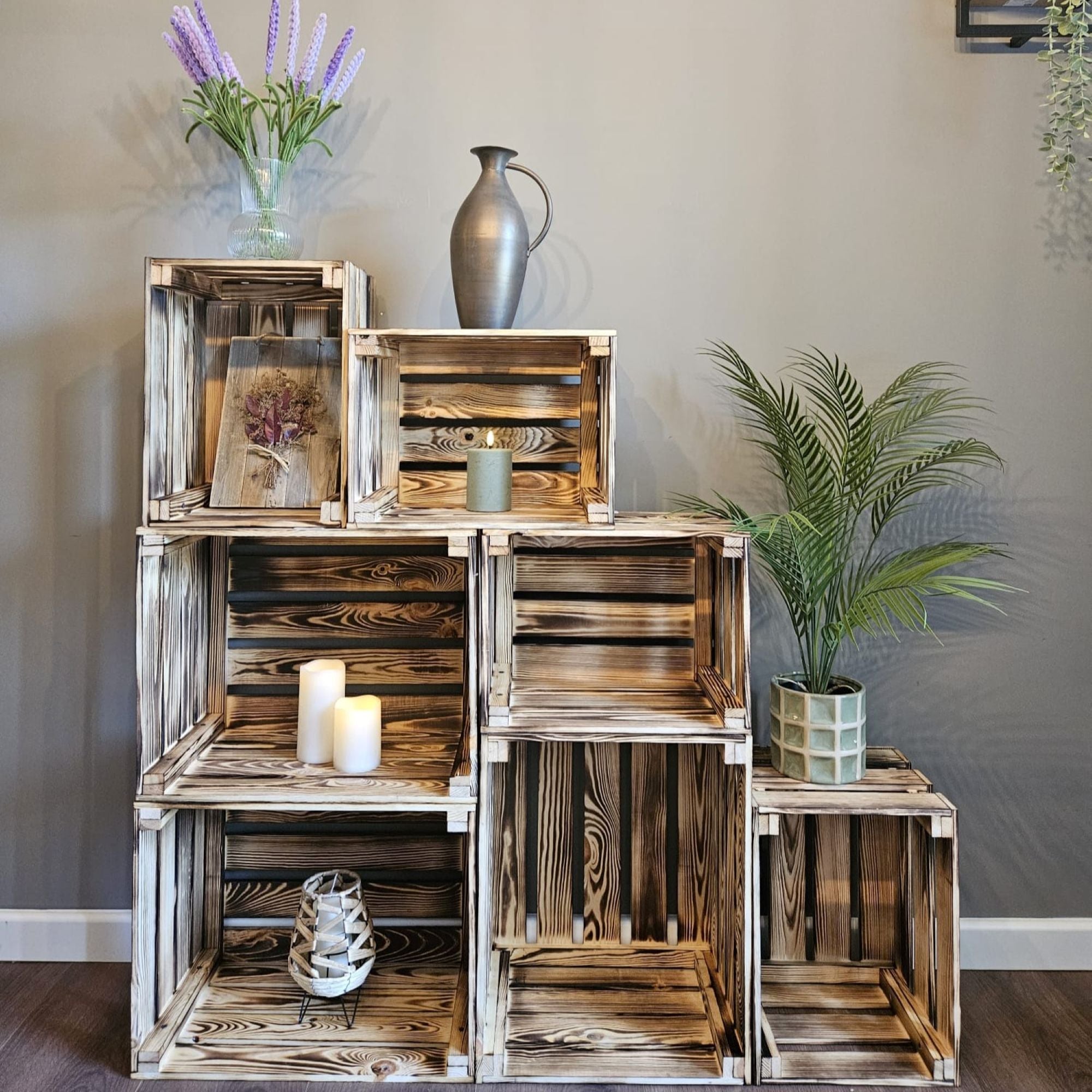 7-er Set Vintage Holzkisten Geflammt – 50x40x30 cm & 40x30x25 cm – Weinkisten & Obstkisten im Used-Look – Dekokisten & Regale – Holzboxen als Möbel & Aufbewahrung – Rustikale Deko