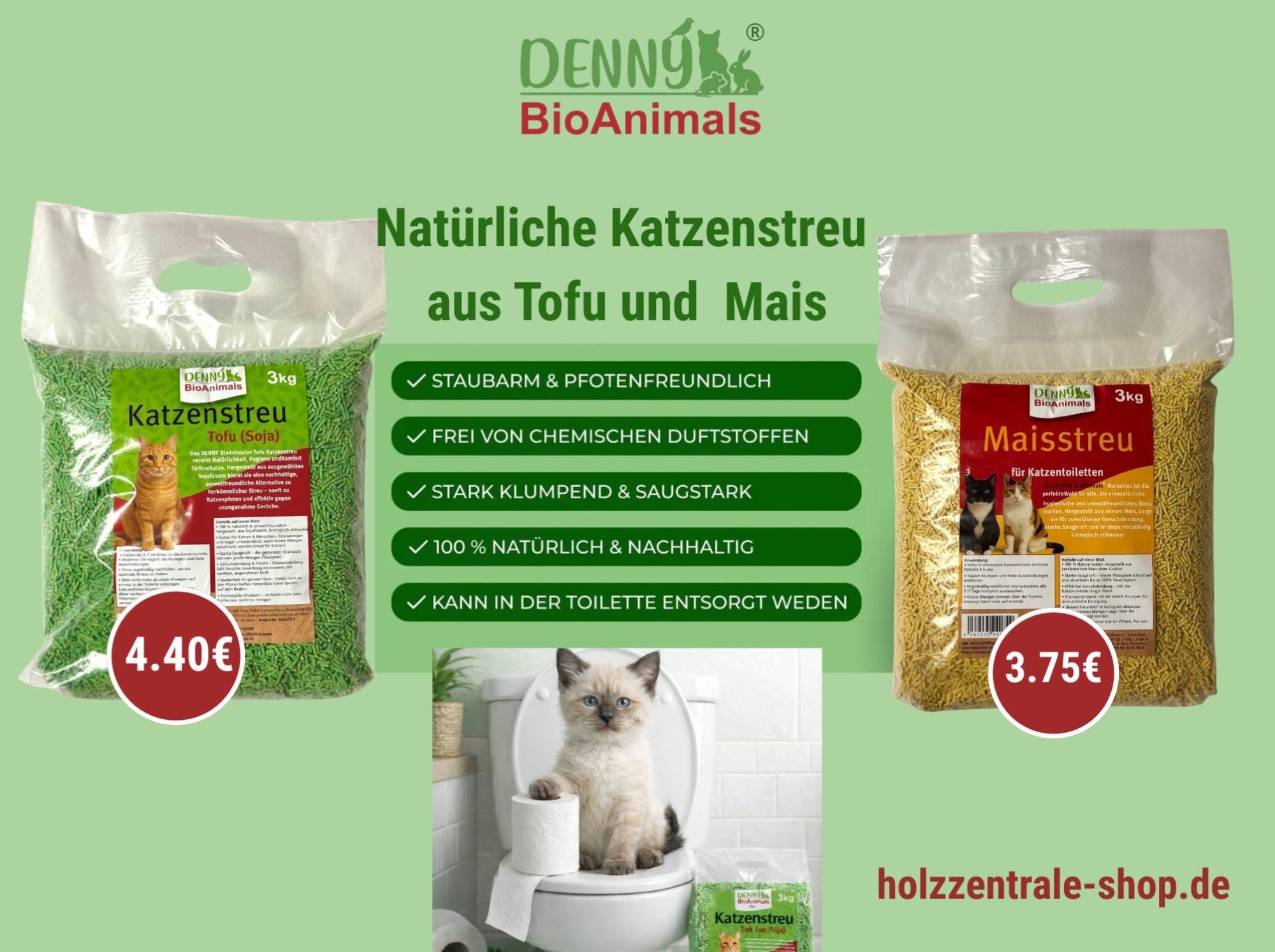 Denny BioAnimals®  Tofu Katzenstreu 3 kg/8L – 100 % natürlich & biologisch abbaubar – ultra saugstark, klumpend, staubfrei & geruchsneutral – nachhaltiges Katzenstreu aus Pflanzenfasern.