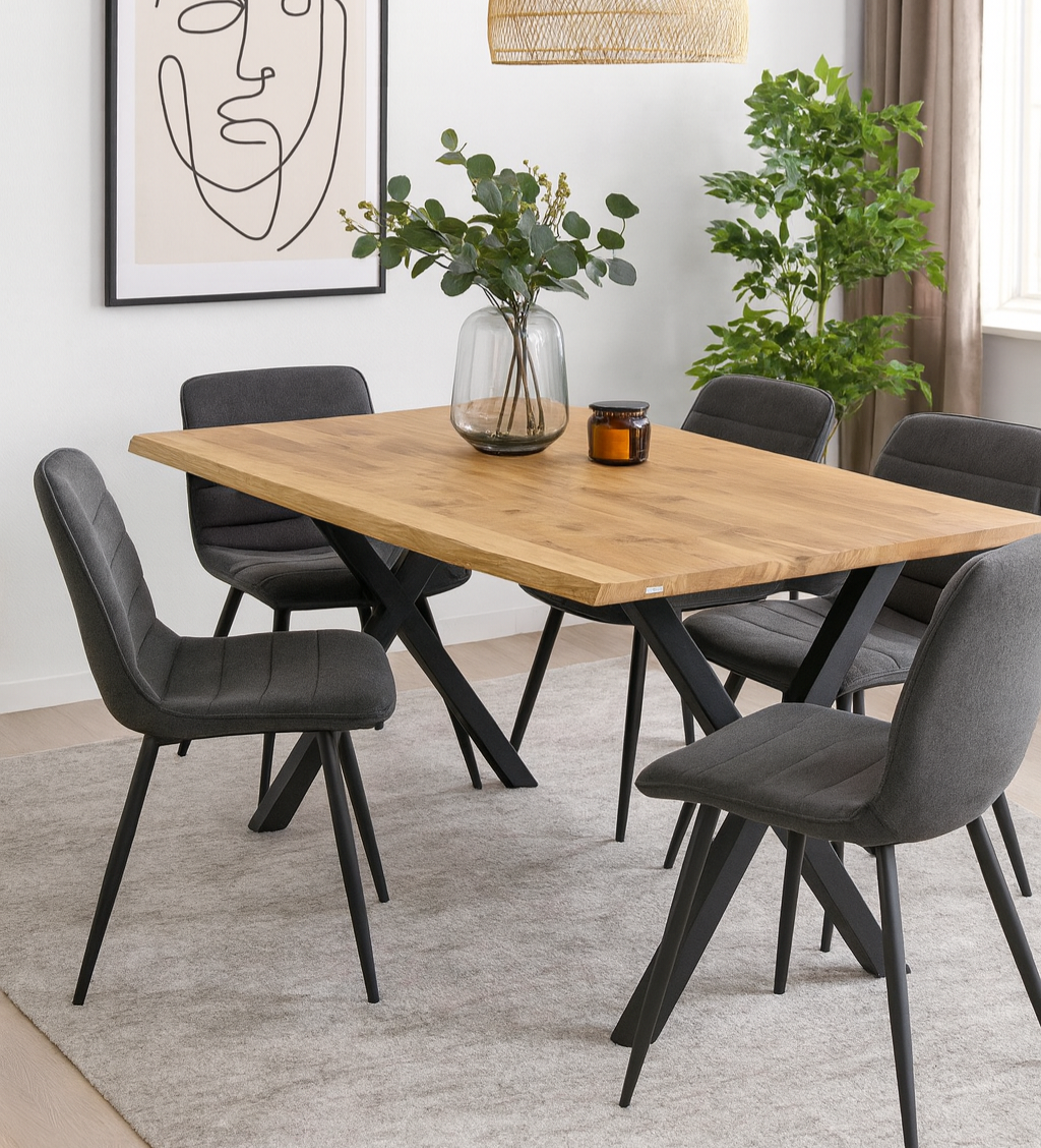 Massivholztisch Eiche  – Esszimmertisch mit 4 cm Tischplatte,  in 140-240 cm Länge,  mit Baumkante und gerade Kante &  X-Gestell aus Metall – moderner Esstisch Industrie-Design, handgefertigt, Kratzfest & natürlich geölt